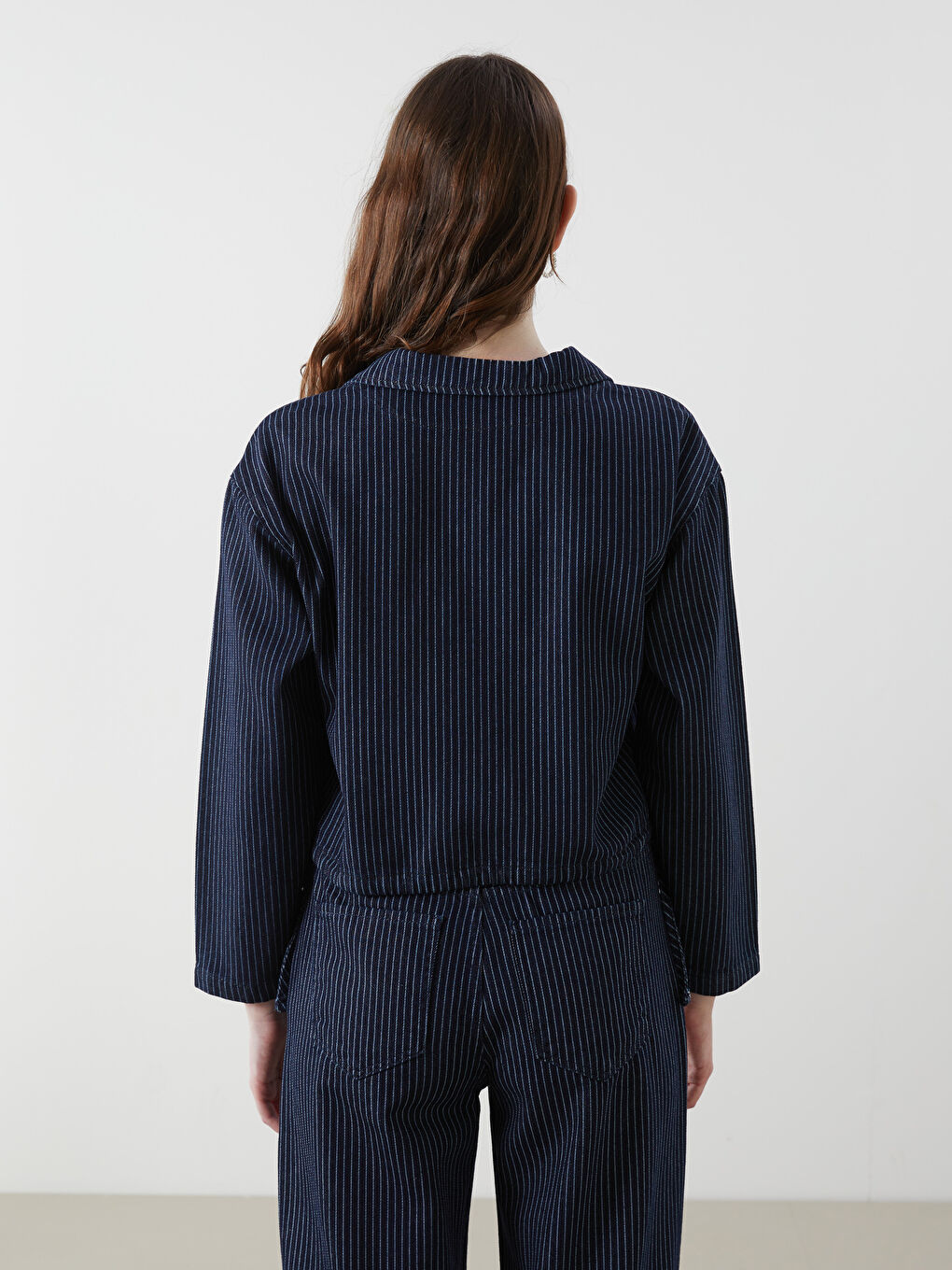 Shirt Collar Striped Crop Women'S Denim Blouse -S5N808Z8-309