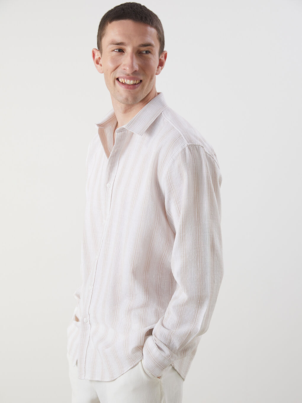 Regular Fit Long Sleeve Striped Men's Textured Shirt -S5N831Z8-LE8