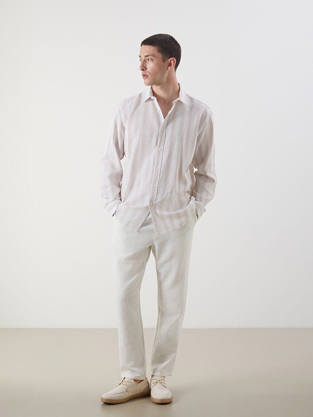 Regular Fit Long Sleeve Striped Men's Textured Shirt -S5N831Z8-LE8