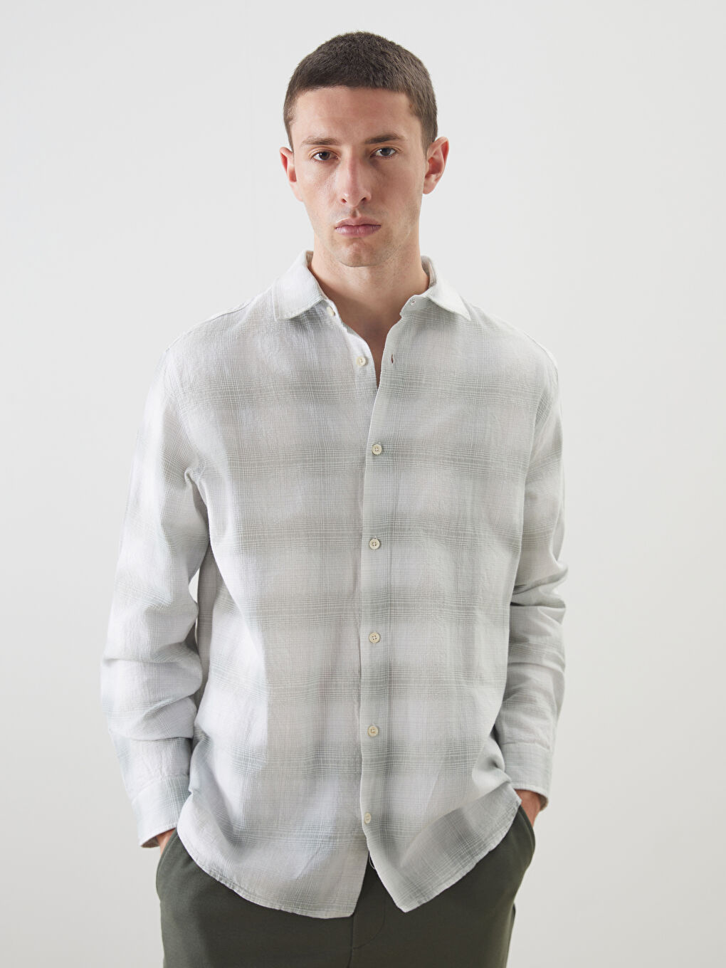 Regular Fit Long Sleeve Plaid Poplin Men's Shirt -S5N832Z8-LME