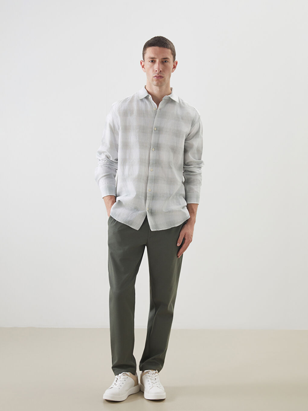 Regular Fit Long Sleeve Plaid Poplin Men's Shirt -S5N832Z8-LME