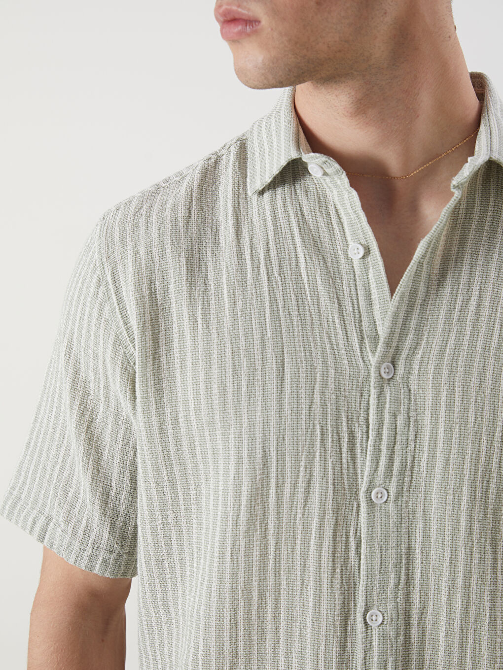 Yeşil Regular Fit Kısa Kollu Çizgili Erkek Gömlek-2