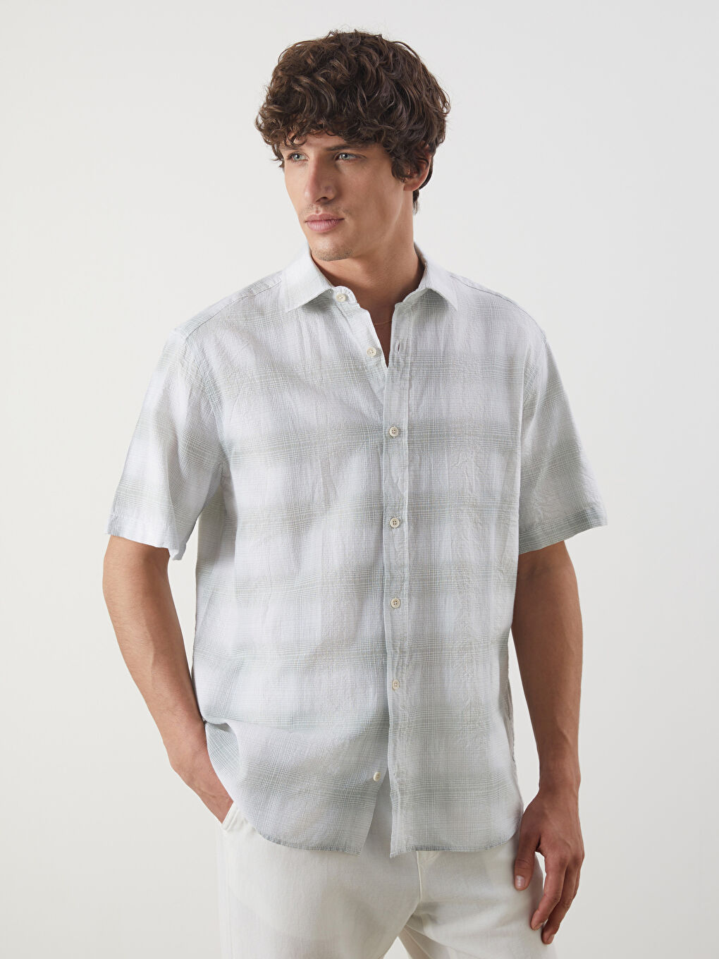 Regular Fit Short Sleeve Plaid Poplin Men's Shirt -S5N852Z8-LME