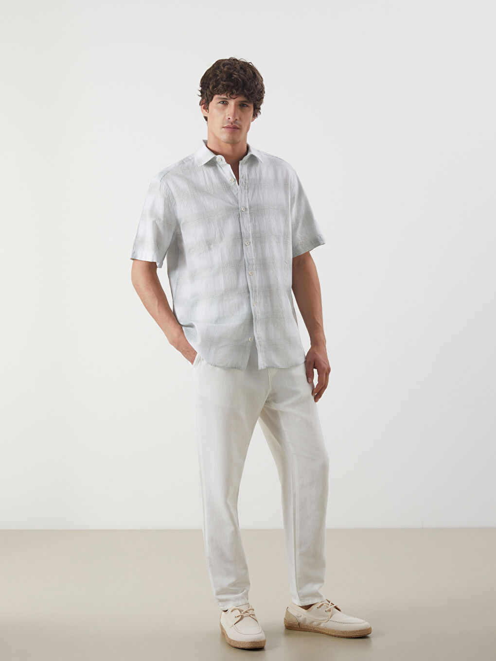 Regular Fit Short Sleeve Plaid Poplin Men's Shirt -S5N852Z8-LME
