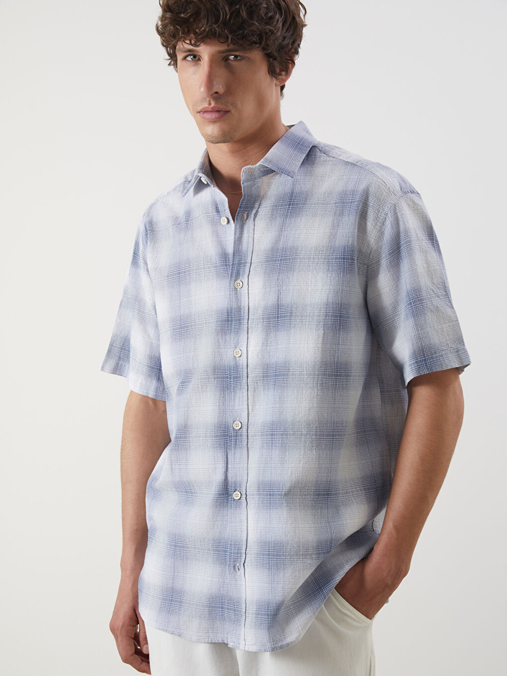 Regular Fit Short Sleeve Plaid Poplin Men's Shirt -S5N852Z8-LMR