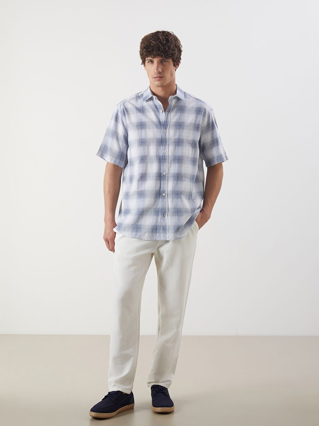 Regular Fit Short Sleeve Plaid Poplin Men's Shirt -S5N852Z8-LMR