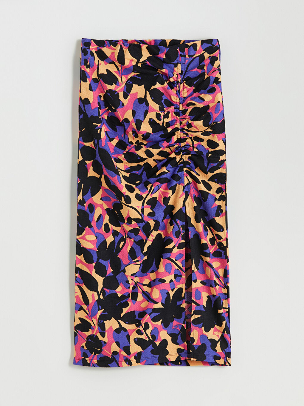 Turuncu Beli Lastikli Çiçekli Büzgülü Etek-4