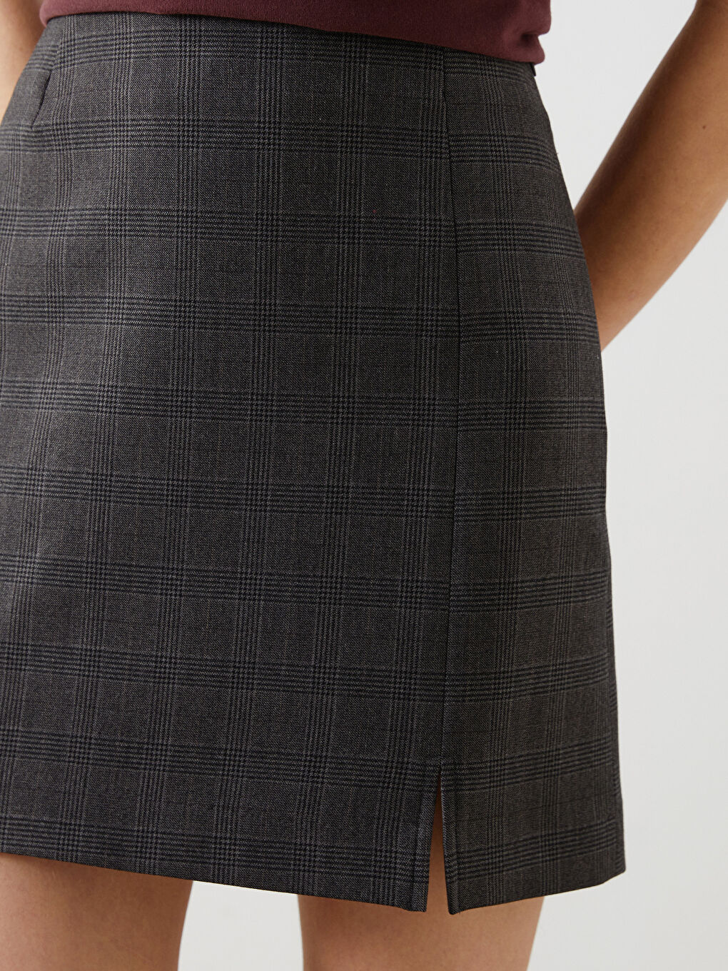 Antrasit Beli Fermuarlı Ekose Kadın Etek-2