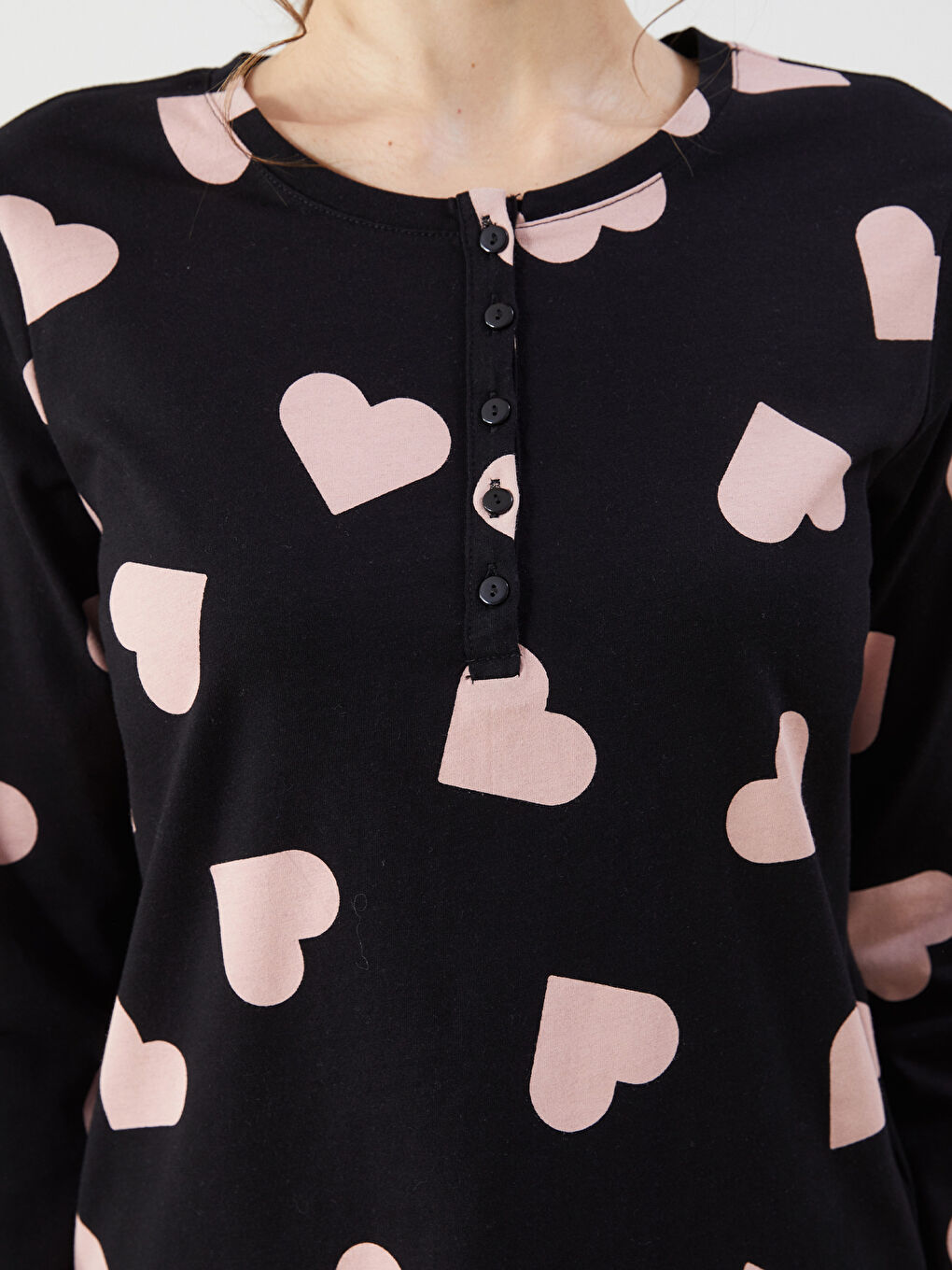 Siyah Bisiklet Yaka Desenli Kadın Pijama Takımı-2