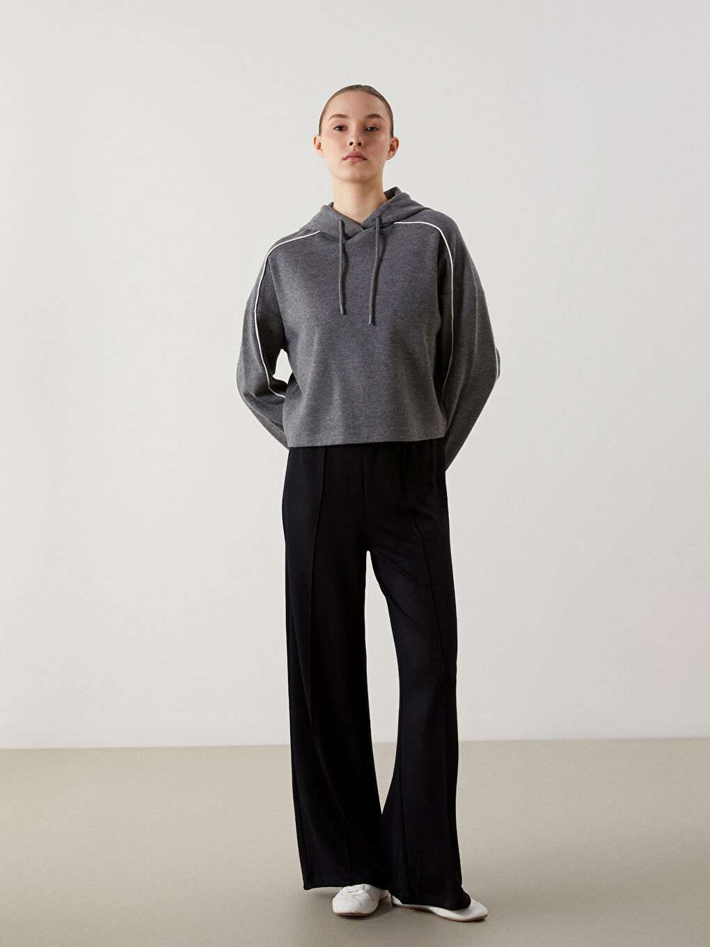 Gri Kapüşonlu Oversize Kadın Sweatshirt Tunik-1