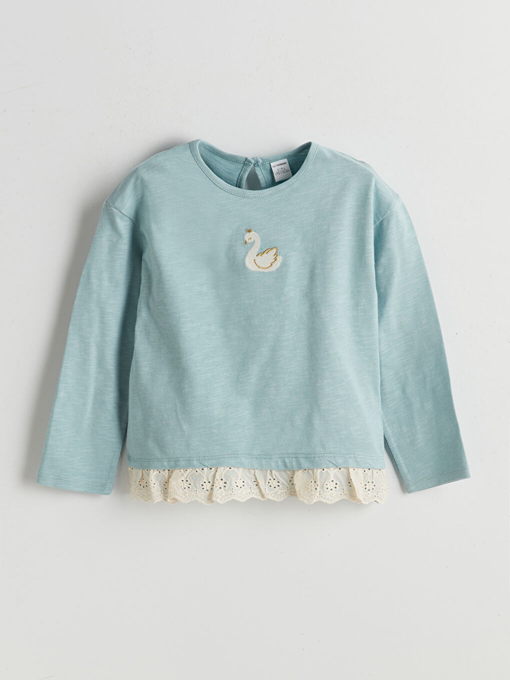 Yeşil Nakışlı Arkadan Düğmeli Kız Çocuk Tişört