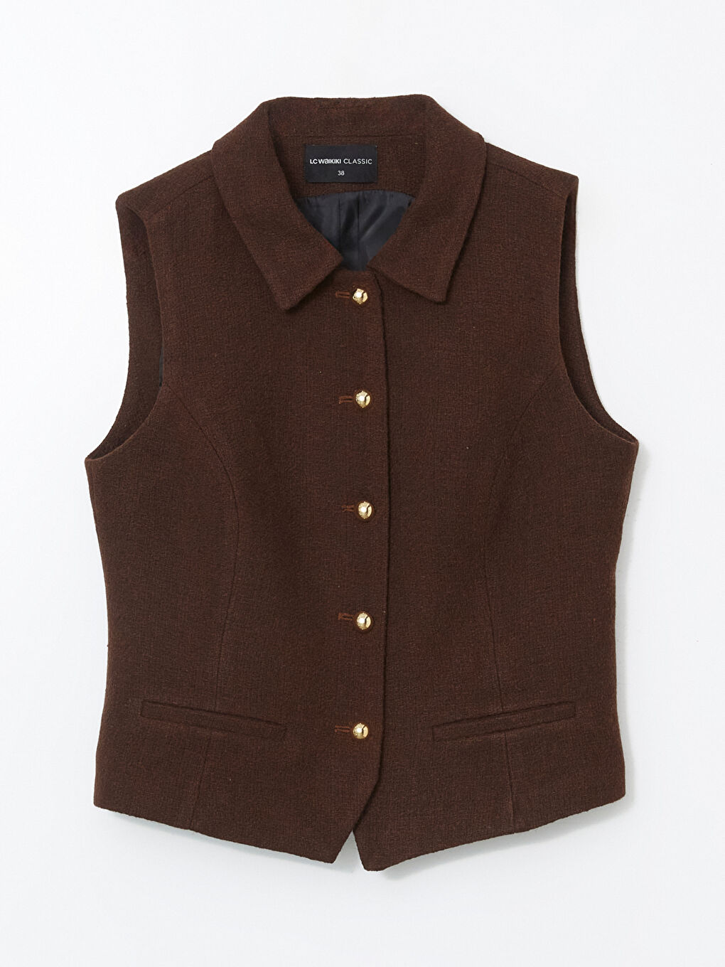 Kahverengi Gömlek Yaka Dokulu Kadın Yelek-4