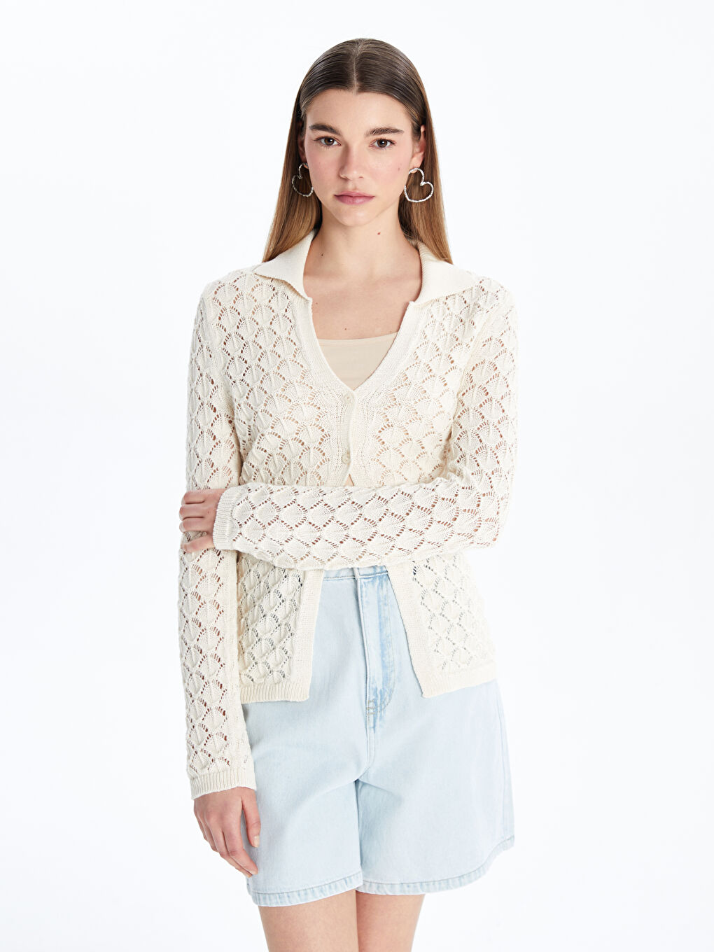 Polo Neck Openwork Women'S Knitted Cardigan -S5NA11Z8-YKU