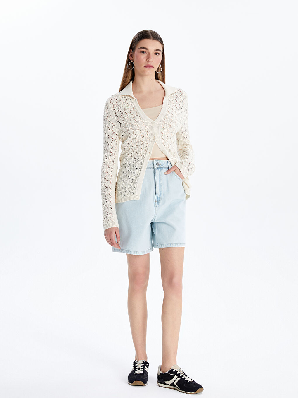 Polo Neck Openwork Women'S Knitted Cardigan -S5NA11Z8-YKU