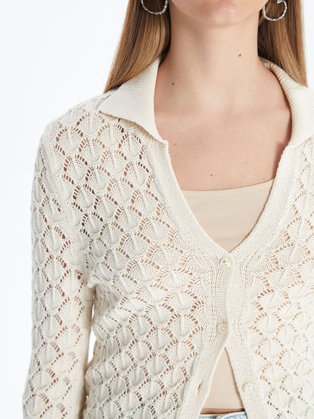 Polo Neck Openwork Women'S Knitted Cardigan -S5NA11Z8-YKU