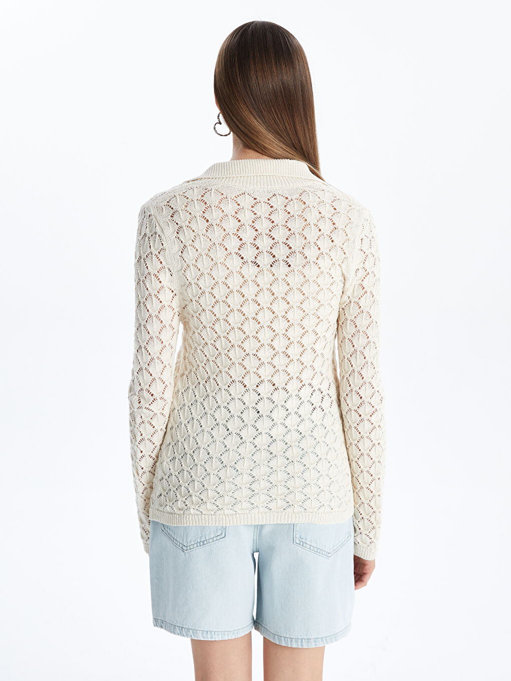 Polo Neck Openwork Women'S Knitted Cardigan -S5NA11Z8-YKU
