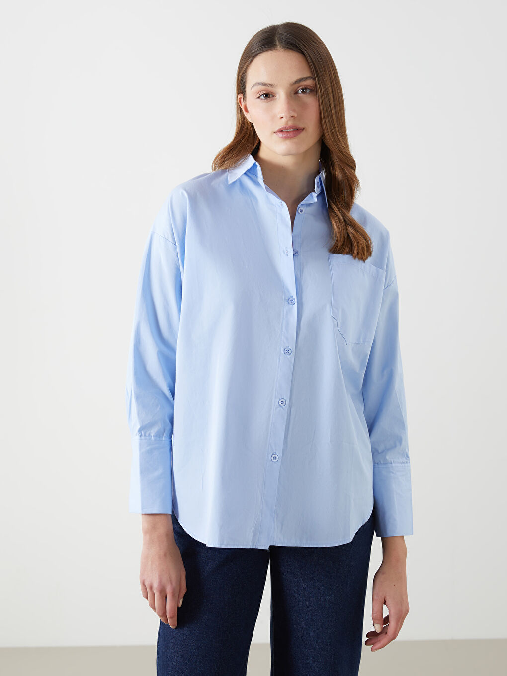 Mavi Oversize Poplin Kadın Gömlek Tunik