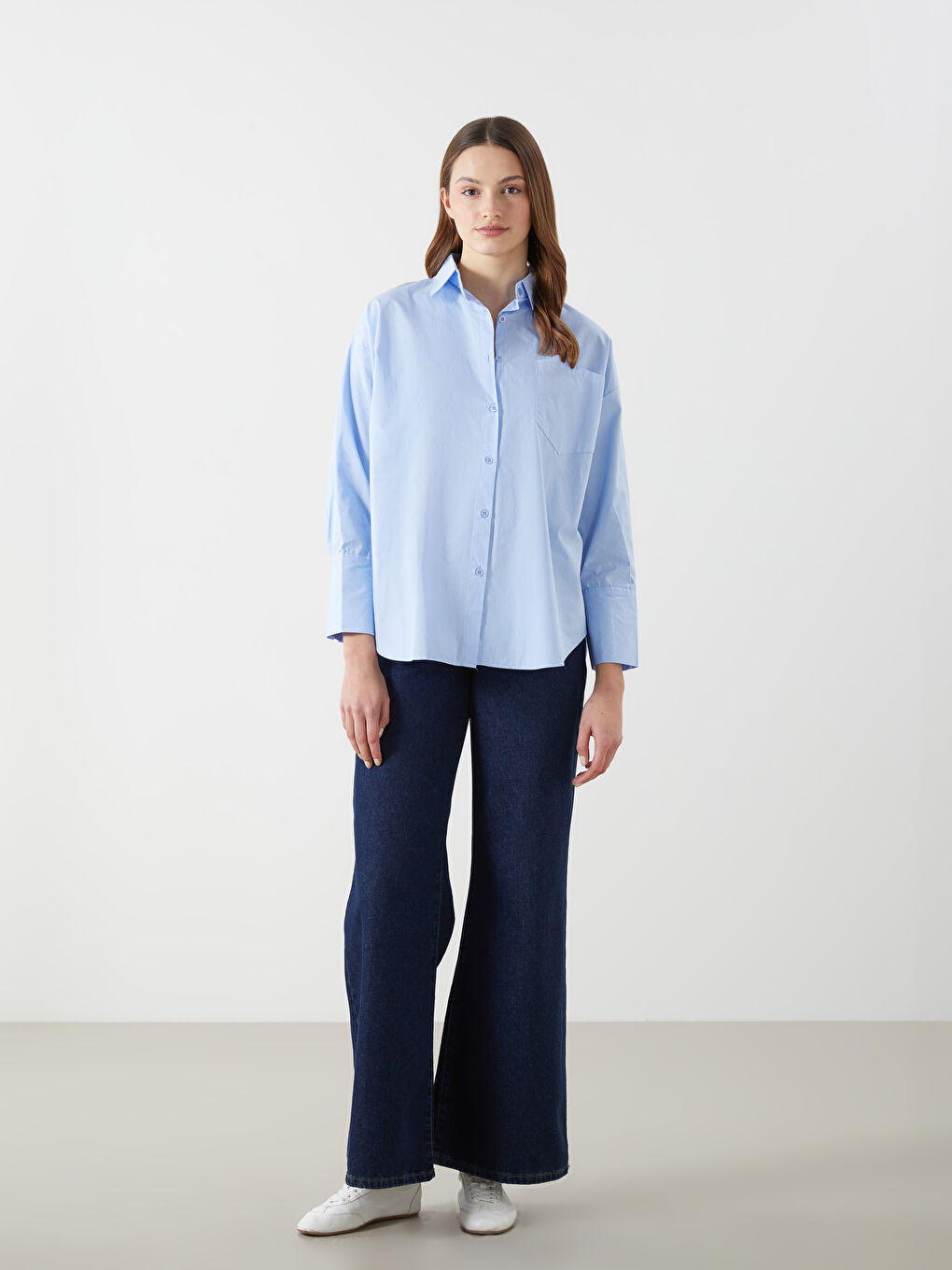 Mavi Oversize Poplin Kadın Gömlek Tunik-1