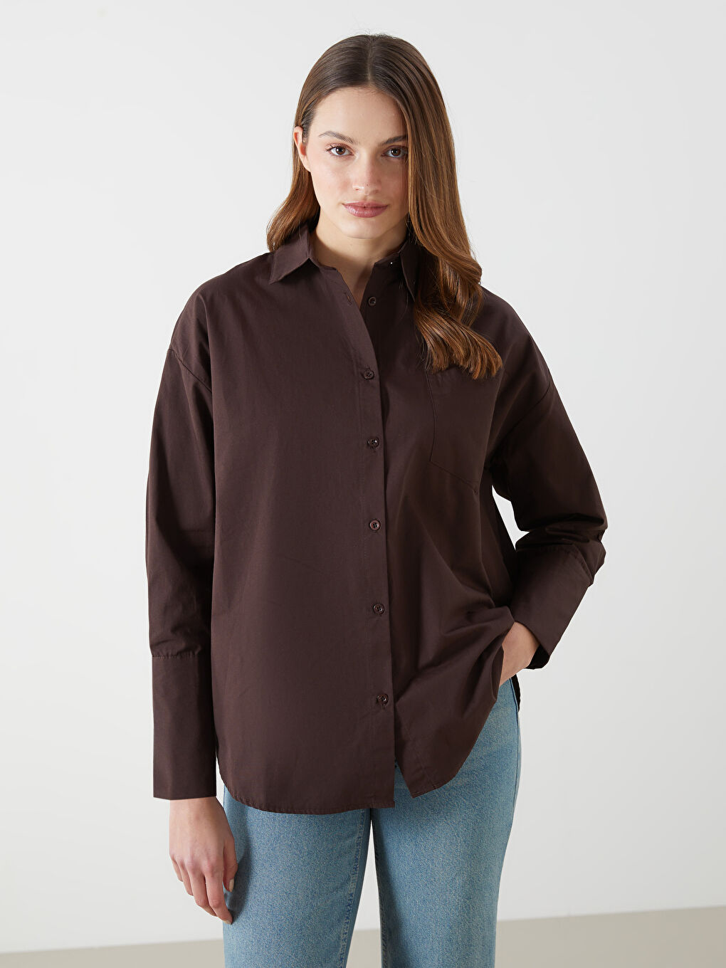 Kahverengi Oversize Poplin Kadın Gömlek Tunik
