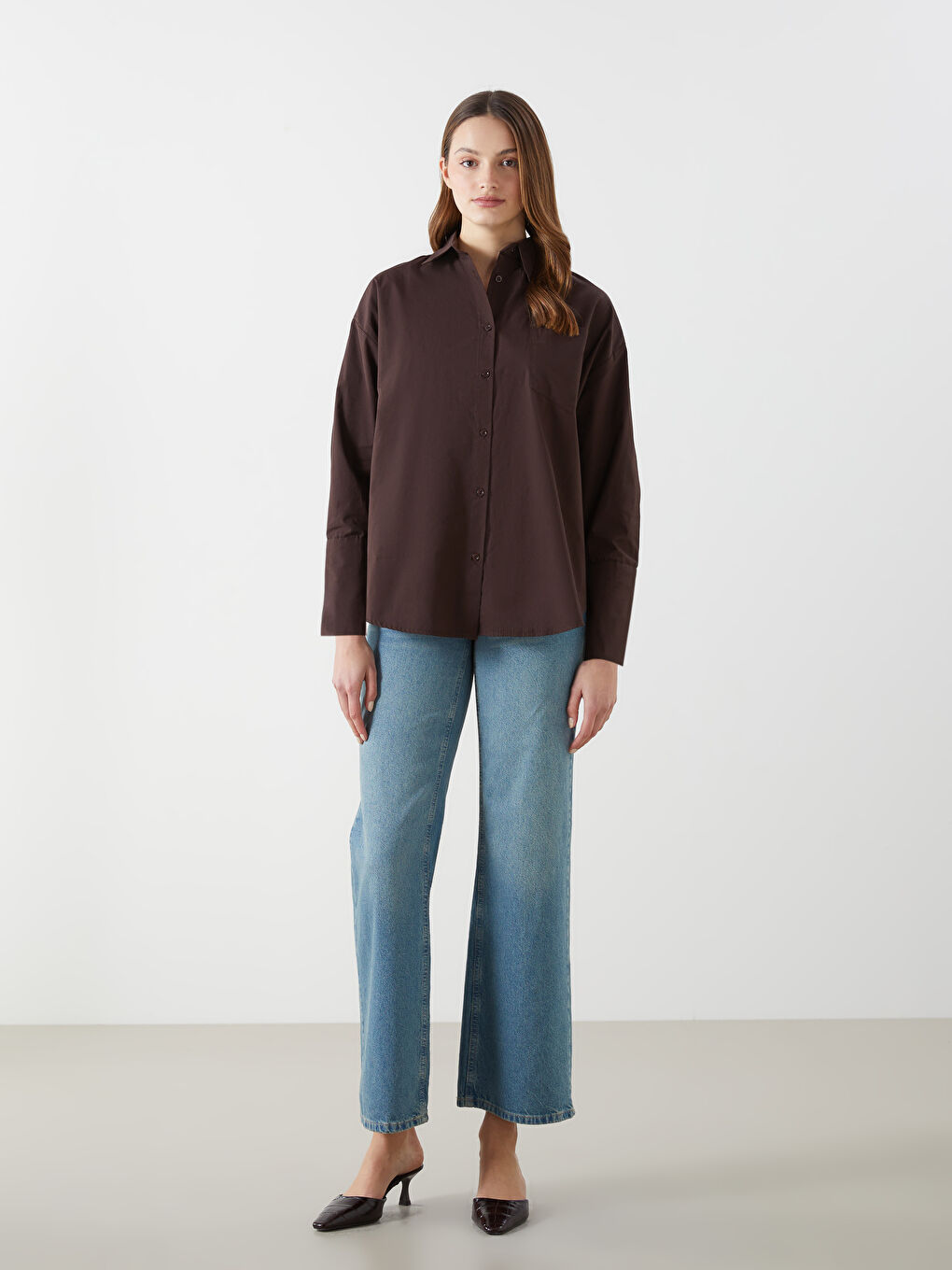 Kahverengi Oversize Poplin Kadın Gömlek Tunik-1