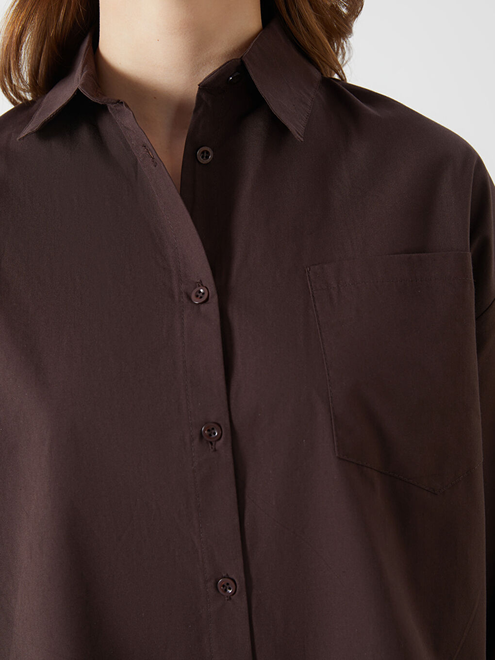 Kahverengi Oversize Poplin Kadın Gömlek Tunik-2