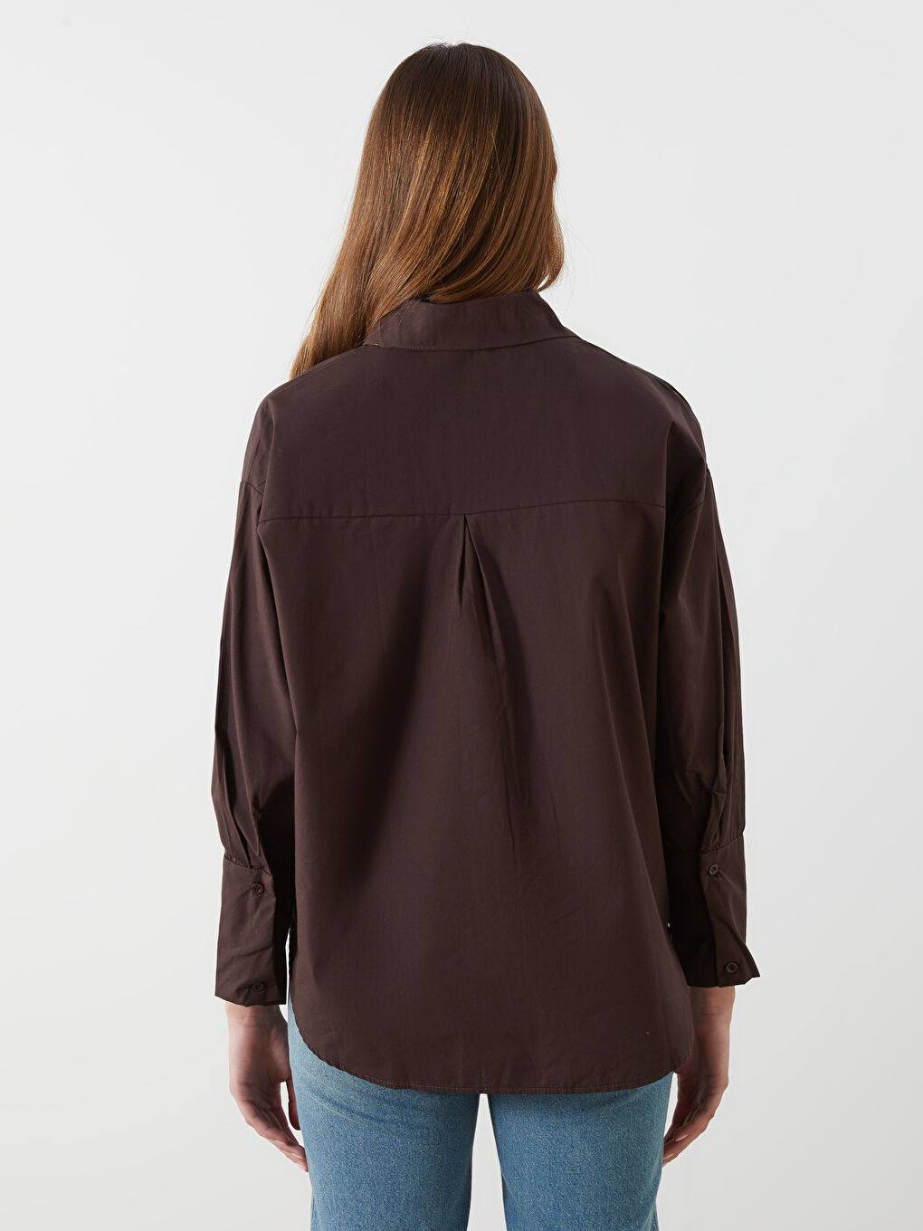 Kahverengi Oversize Poplin Kadın Gömlek Tunik-3