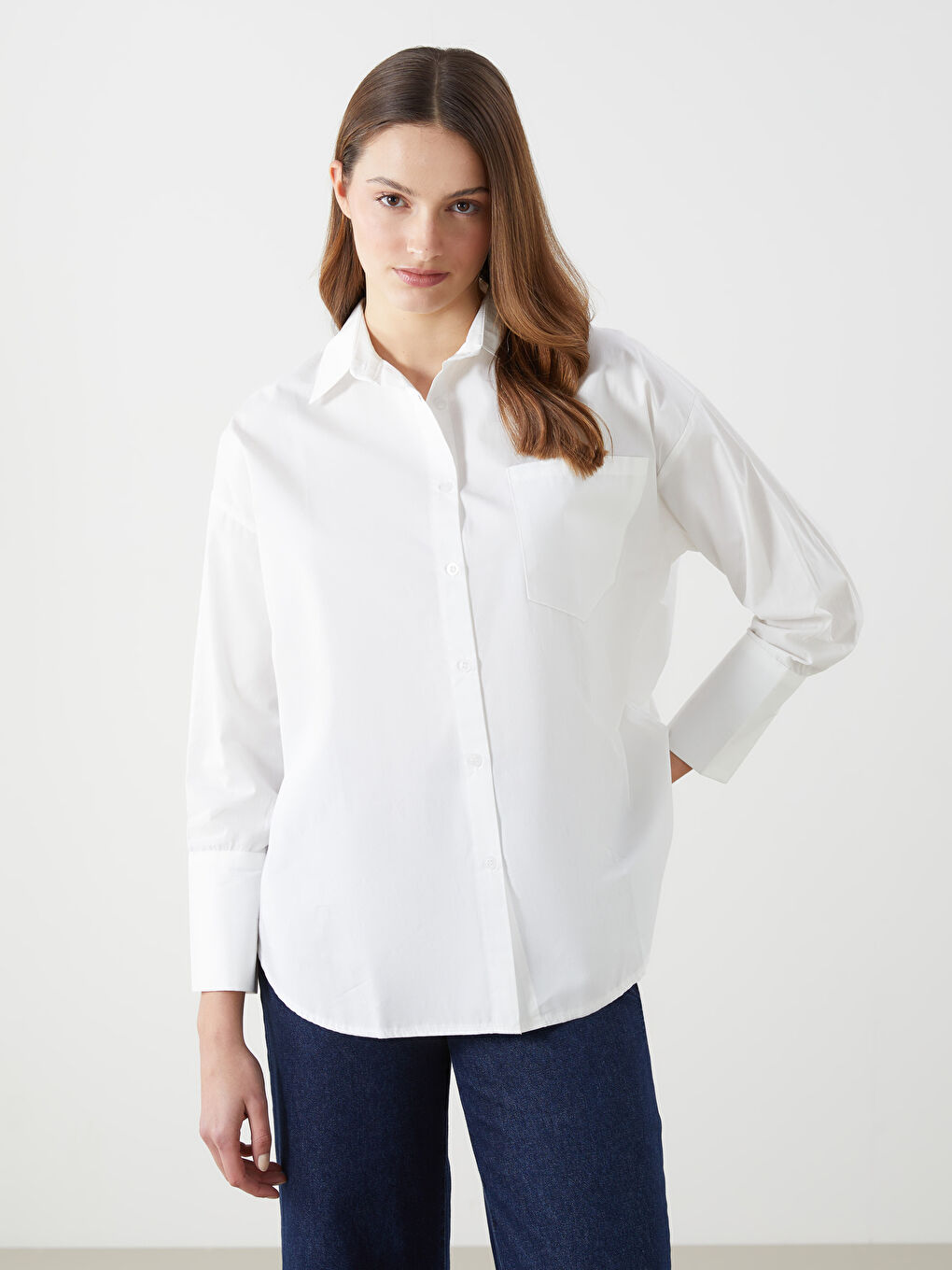 LCW Modest Beyaz Oversize Poplin Kadın Gömlek Tunik