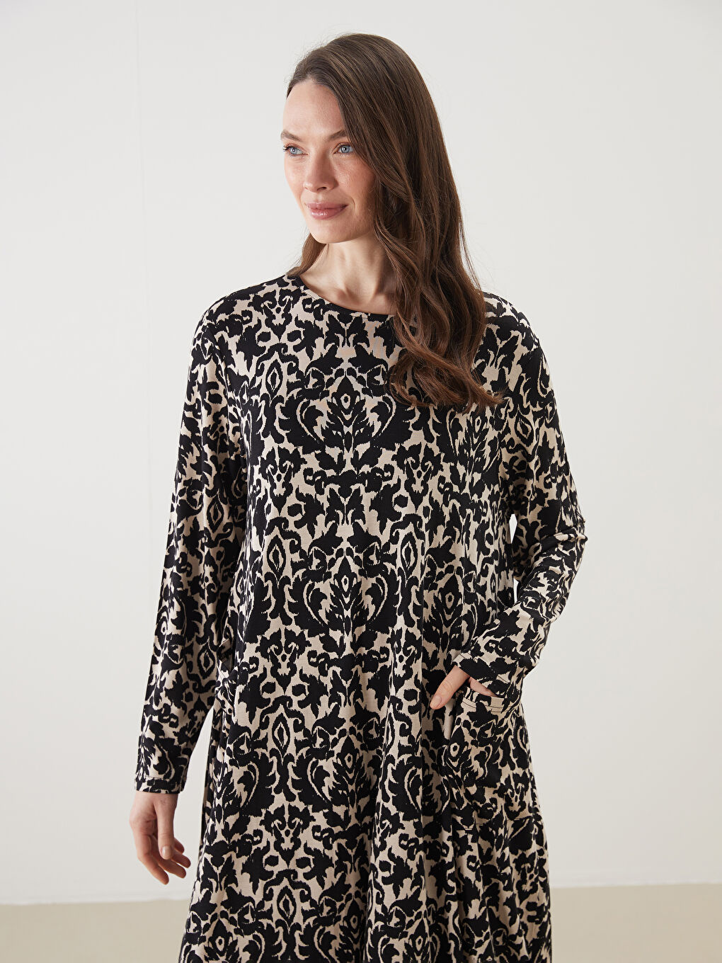Crew Neck Patterned A Form Women's Dress -S5NA60Z8-LQJ
