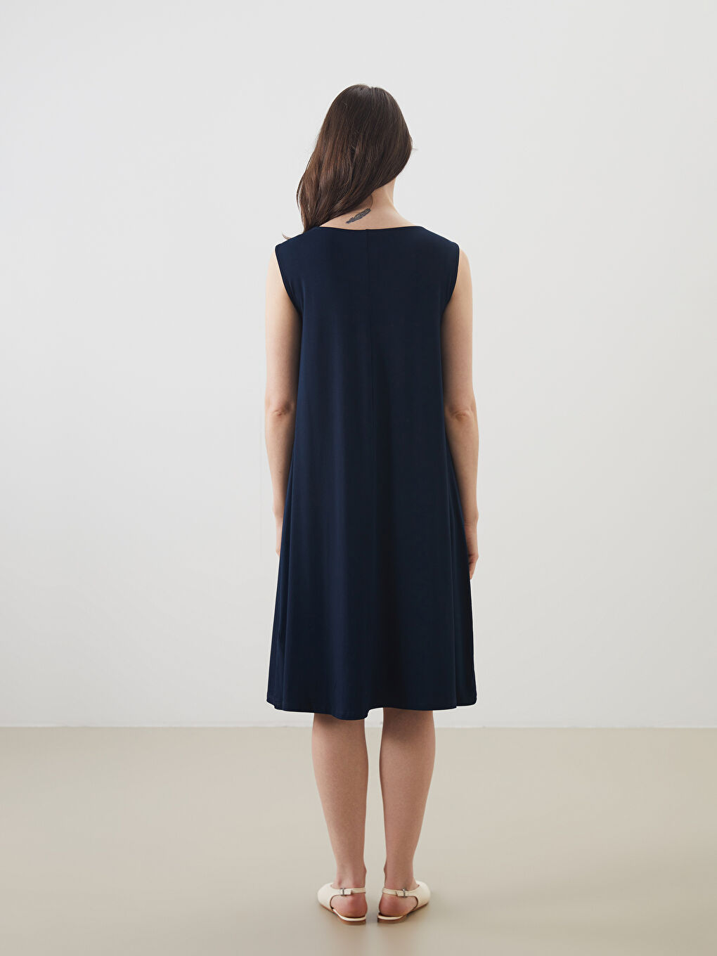 Lacivert Bisiklet Yaka A Kesim Elbise-4