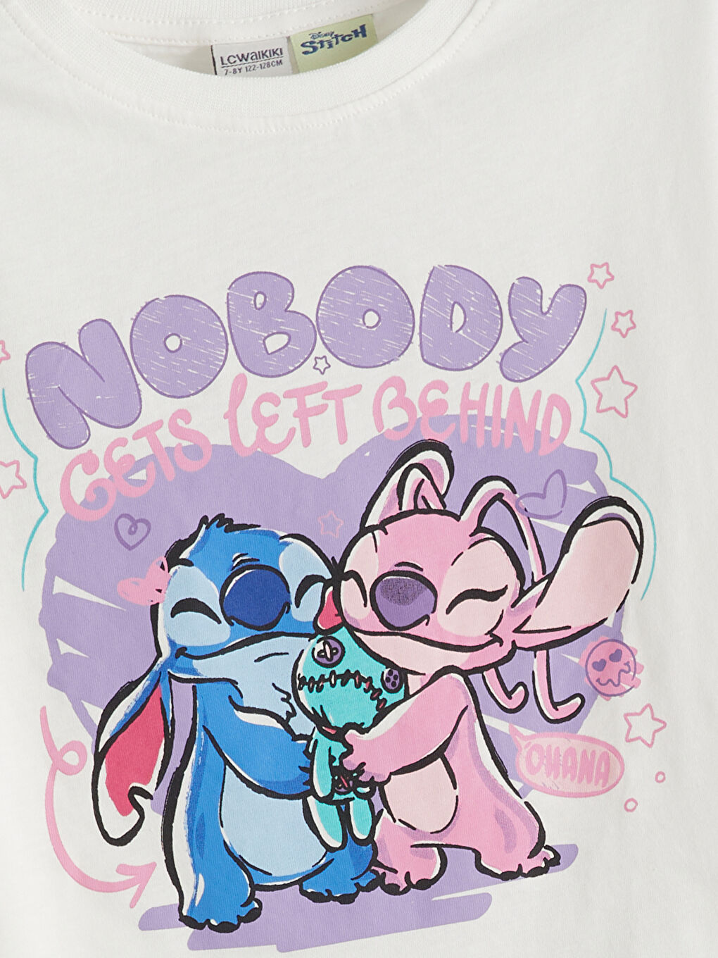 Ekru Bisiklet Yaka Stitch ve Angel Baskılı Kız Çocuk Tişört-1