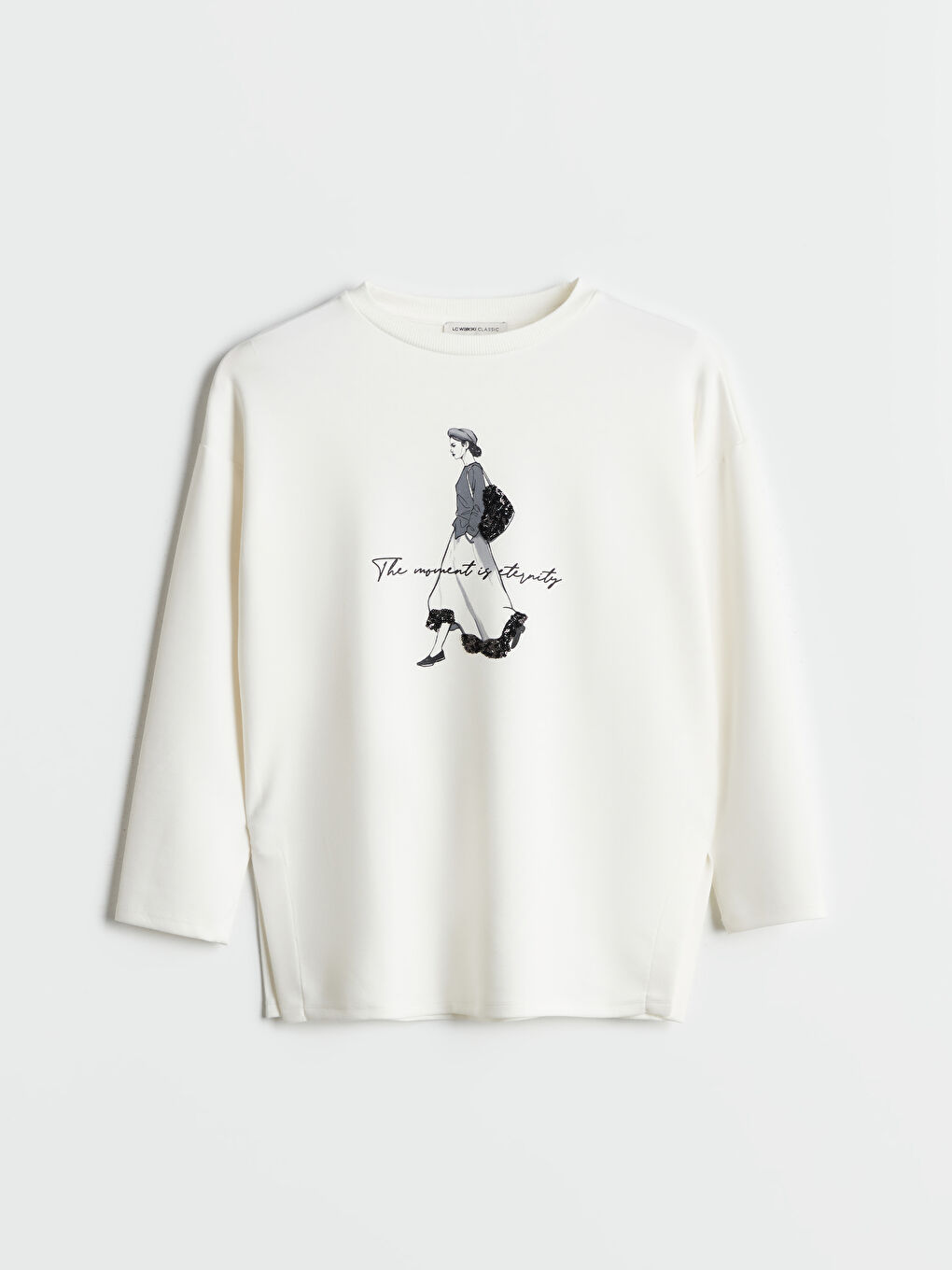 LCWAIKIKI Classic Ekru Bisiklet Yaka Baskılı Oversize Kadın Sweatshirt Tunik - 4