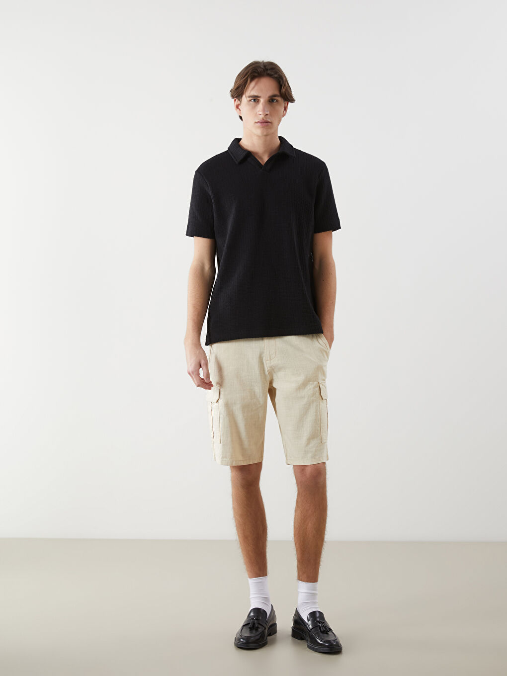 Siyah Polo Yaka Kısa Kollu Erkek Dokulu Tişört-1