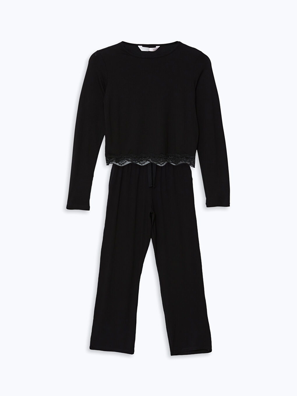Siyah Bisiklet Yaka Dantel Detaylı Kadın Pijama Takımı-4