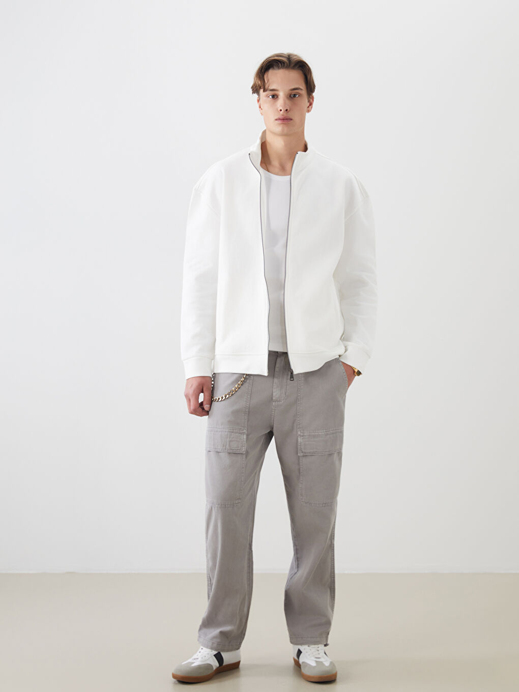 Ekru Dik Yaka Uzun Kollu Erkek Fermuarlı Sweatshirt-1