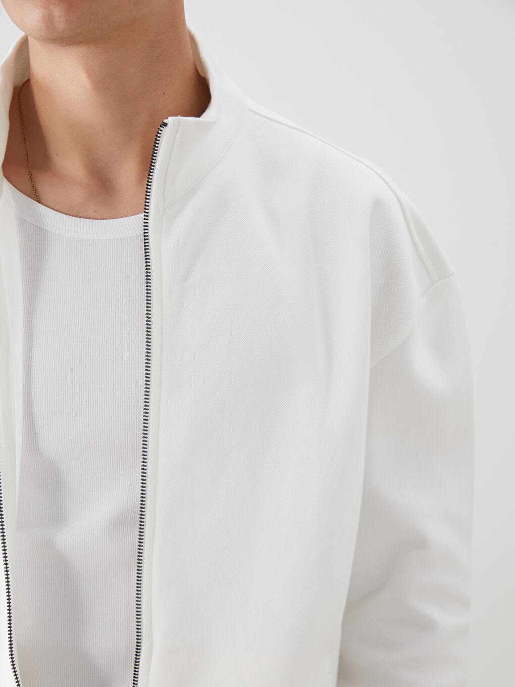 Ekru Dik Yaka Uzun Kollu Erkek Fermuarlı Sweatshirt-2