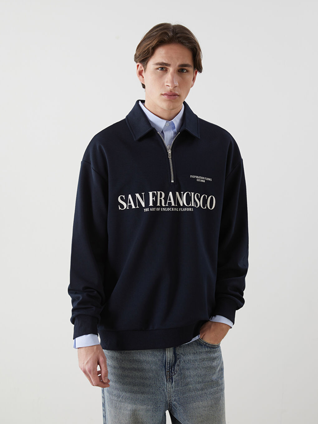 XSIDE Polo Neck Long Sleeve Printed Men's Sweatshirt -S5NC17Z8-S2K