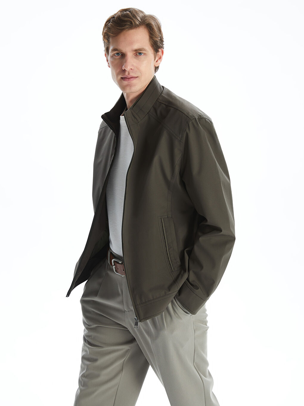 Haki Standart Kalıp Dik Yaka Erkek Mont