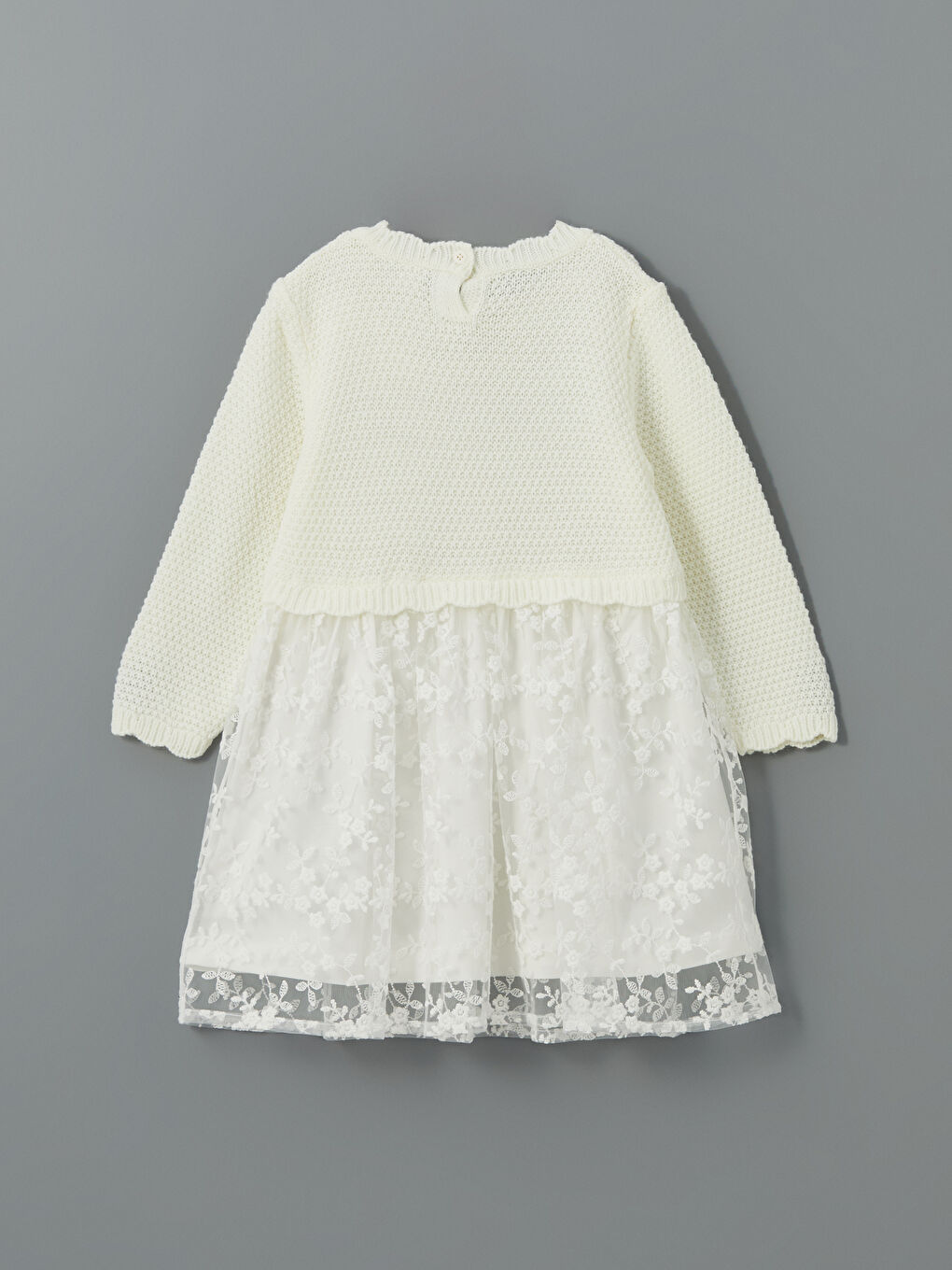 Ekru Bisiklet Yaka Çiçekli Kız Çocuk Tütü Elbise-2