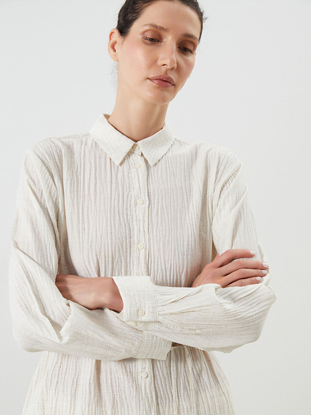 Ekru Keten Karışımlı Oversize Kadın Gömlek Tunik-1