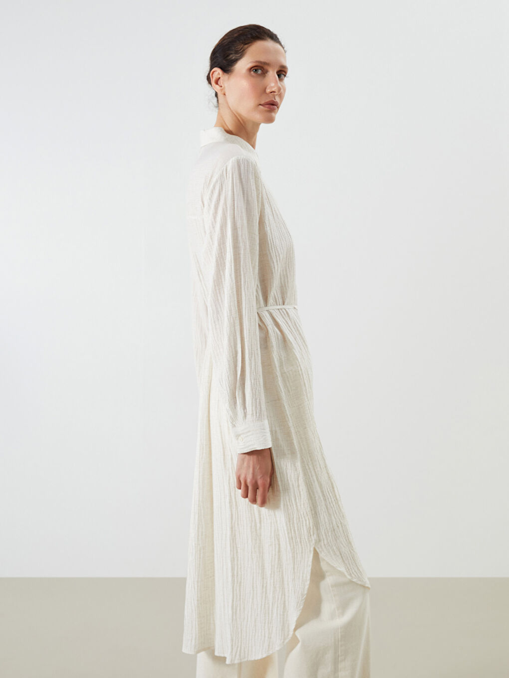 Ekru Keten Karışımlı Oversize Kadın Gömlek Tunik-2