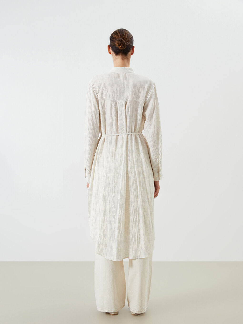 Ekru Keten Karışımlı Oversize Kadın Gömlek Tunik-3