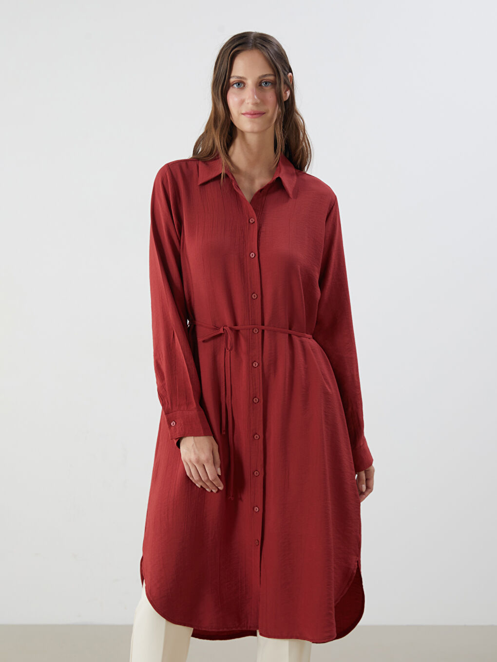Bordo Dokulu Oversize Kadın Gömlek Tunik