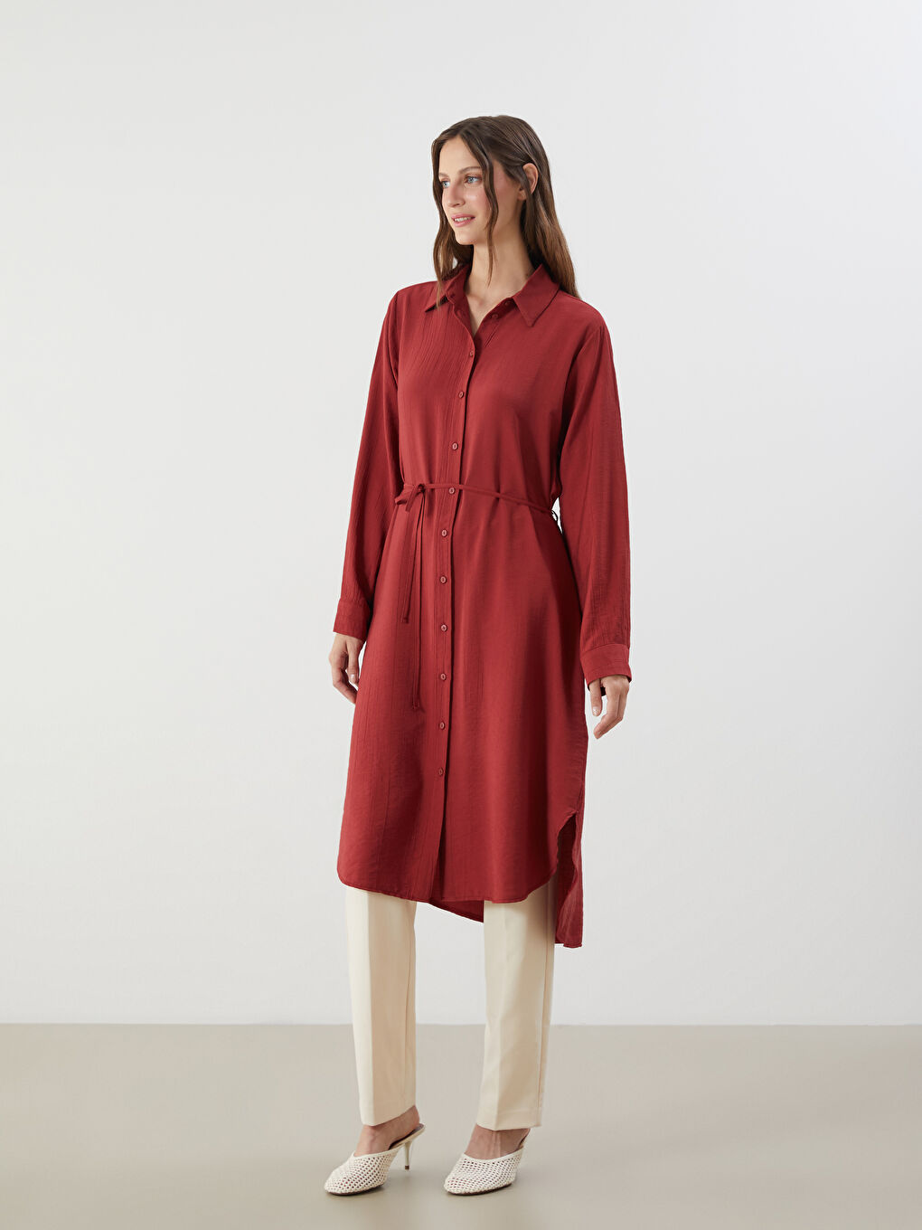 Bordo Dokulu Oversize Kadın Gömlek Tunik-1