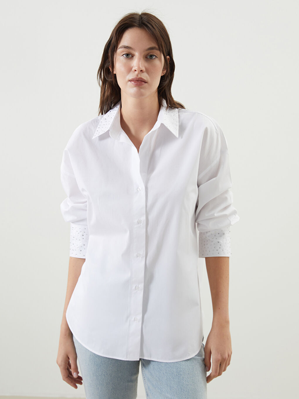 LCW Vision Ekru Düz Oversize Kadın Gömlek