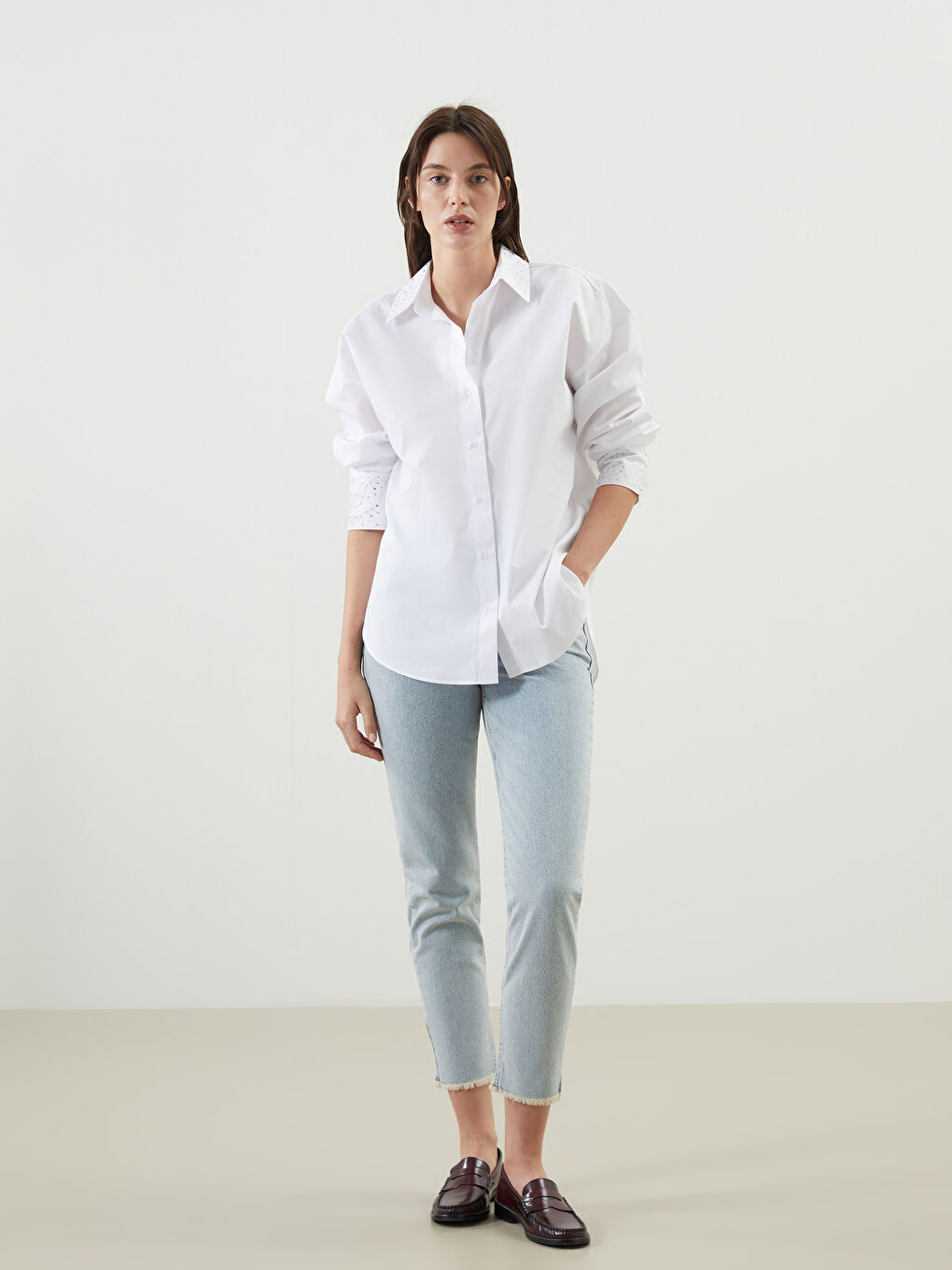 LCW Vision Ekru Düz Oversize Kadın Gömlek - 1