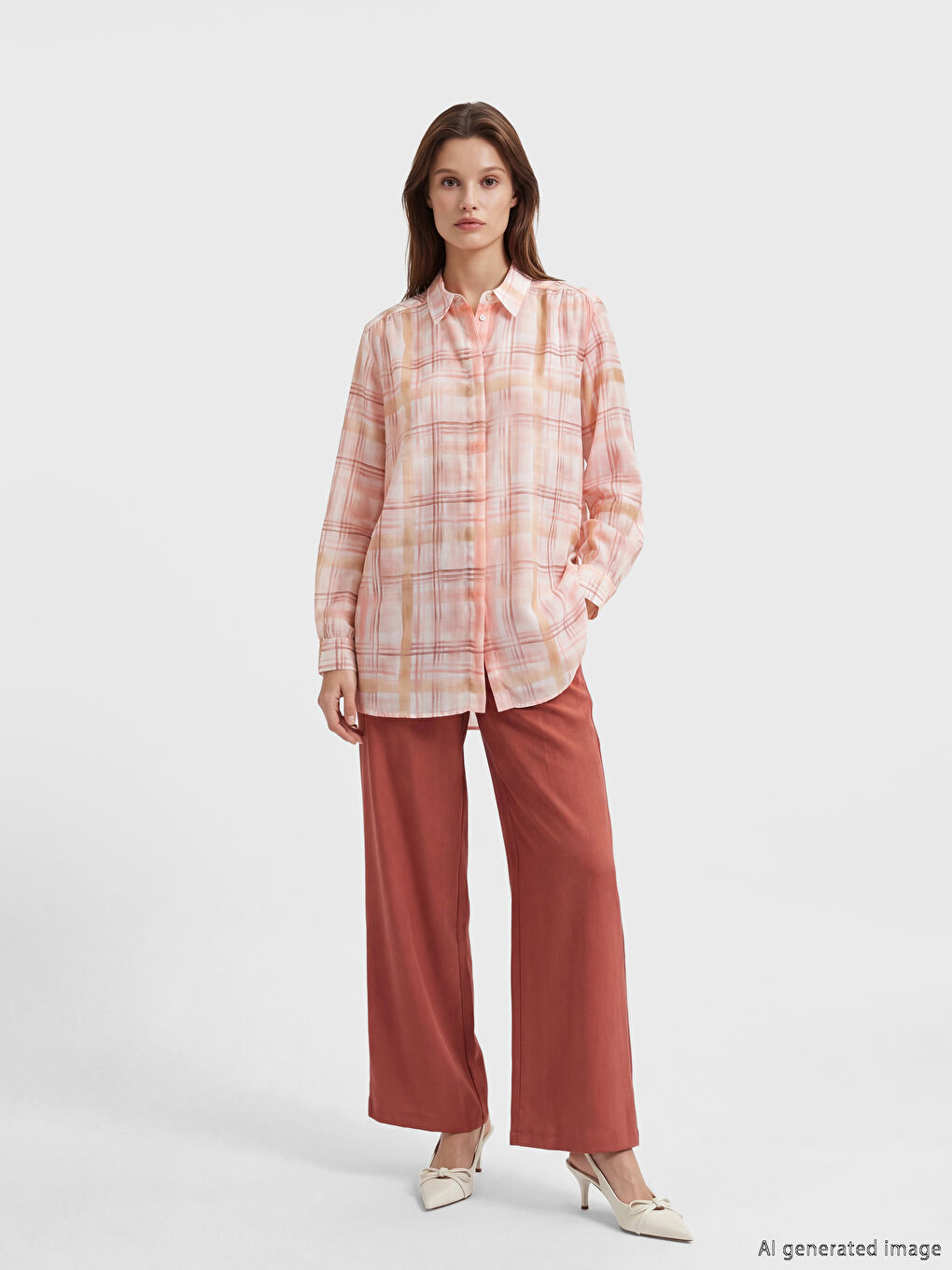 Pembe Ekose Oversize Kadın Gömlek Tunik-1