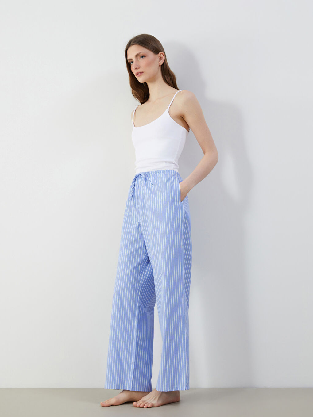 Mavi Beli Lastikli Çizgili Kadın Pijama Altı