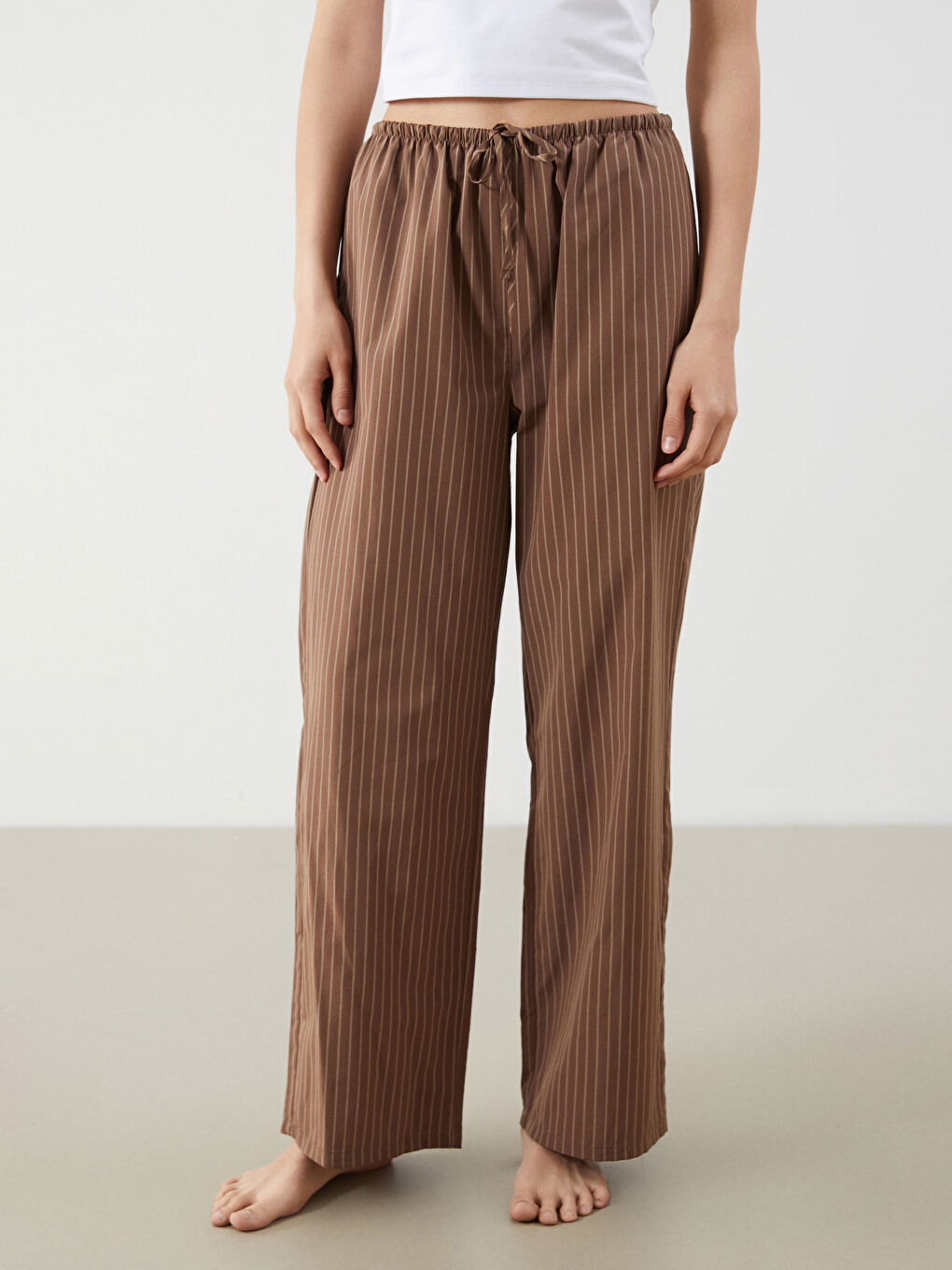 Kahverengi Beli Lastikli Çizgili Kadın Pijama Altı-1