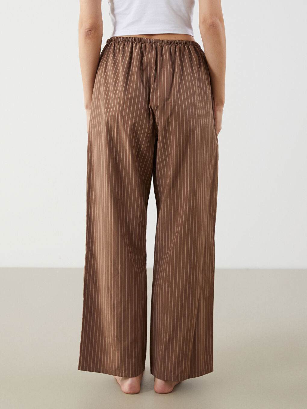 Kahverengi Beli Lastikli Çizgili Kadın Pijama Altı-3