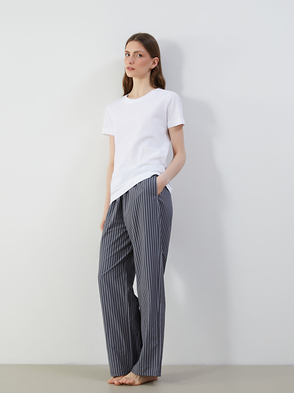 Gri Beli Lastikli Çizgili Kadın Pijama Altı